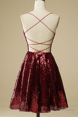 Shiny Sequins Backless Burgundy Short Prom Dresses, Backless Burgundy Homecoming Dresses, Burgundy Formal Evening Dresses