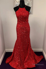 Shiny Sequins Backless Mermaid Red Long Prom Dresses, Mermaid Red Formal Dresses, Backless Red Evening Dresses