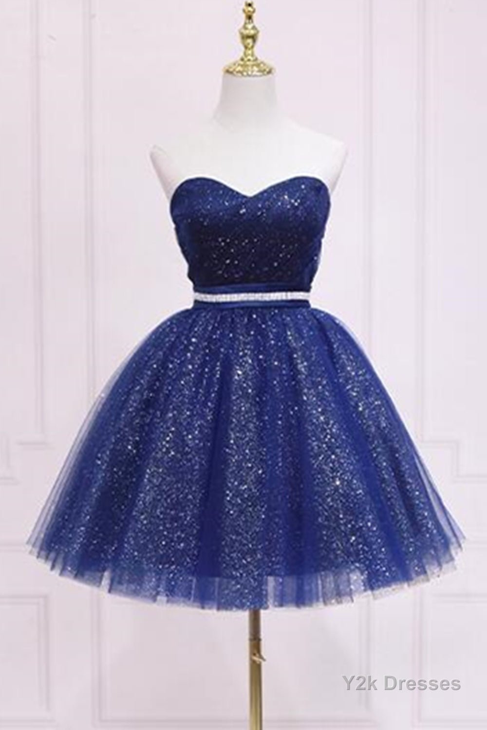 Shiny Strapless Sweetheart Neck Blue Short Prom Homecoming Dress with Belt, Sparkly Blue Formal Evening Dress