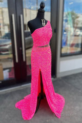 Fuchsia One Shoulder Sequins Tassels Cut-Out Long Prom Dress with Slit