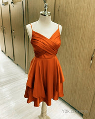 Short Burnt Orange Satin Cocktail Dresses V-neck Semi Formal Dress