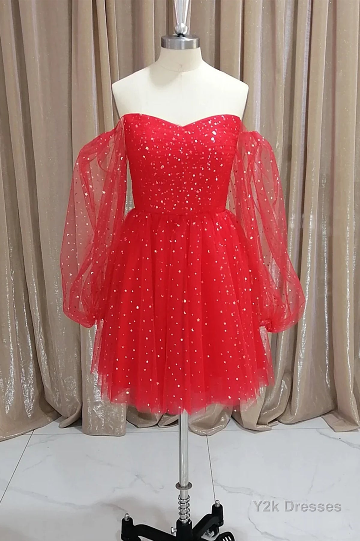 Short Red Long Sleeves Tulle Prom Dresses, Short Red Long Sleeves Formal Homecoming Dresses