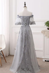 Short Sleeves Grey Lace Long Prom Dresses, Short Sleeves Gray Lace Long Formal Evening Dresses