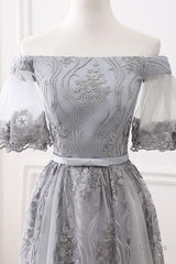 Short Sleeves Grey Lace Long Prom Dresses, Short Sleeves Gray Lace Long Formal Evening Dresses