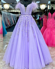 Lavender Appliques Feather Off-the-Shoulder A-Line Prom Gown