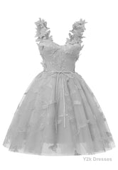 Silver 3D Butterfly Lace Applique Tulle Homecoming Dress for Teens Sweetheart Mini Short Prom Dresses