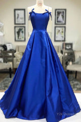 Simple A Line Royal Blue Satin Long Prom Dress, Royal Blue Formal Dress, Cheap Royal Blue Evening Dress