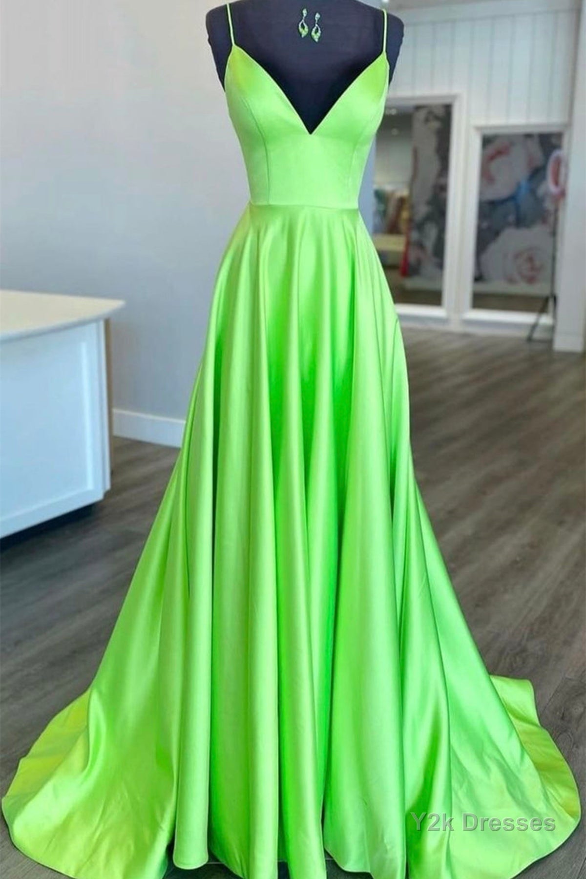 Simple A Line V Neck Green Satin Long Prom Dress, V Neck Green Formal Graduation Evening Dress