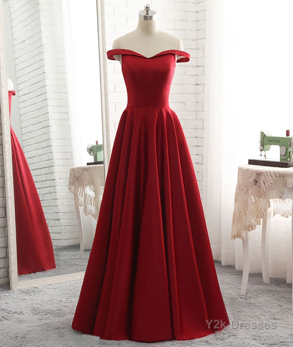 Simple burgundy off shoulder long prom dress, burgundy evening dress