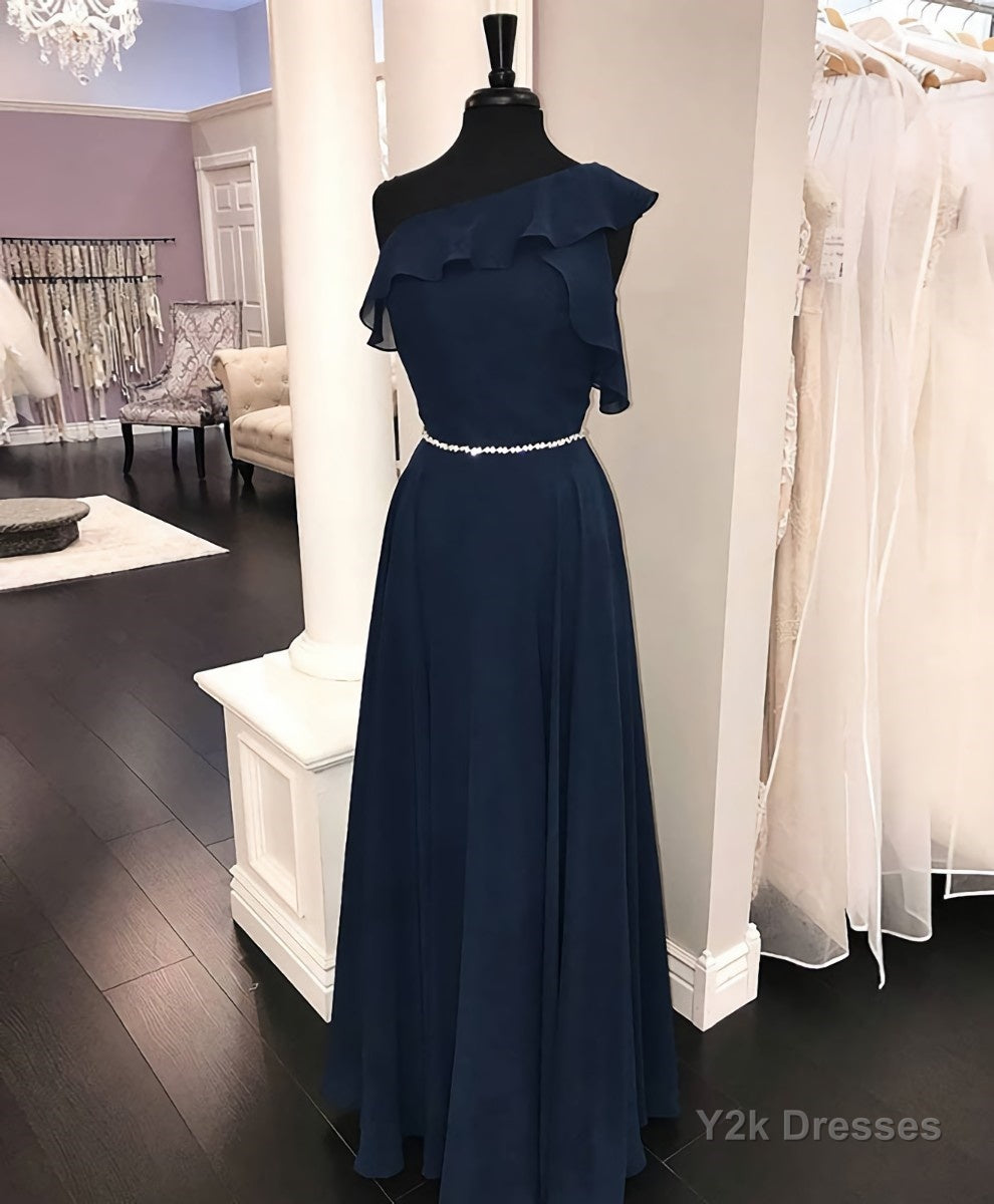 Simple chiffon dark blue long prom dress, bridesmaid dress