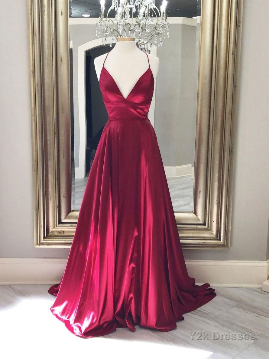 Simple red v neck satin long prom dress, red evening dress