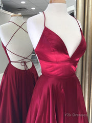 Simple red v neck satin long prom dress, red evening dress