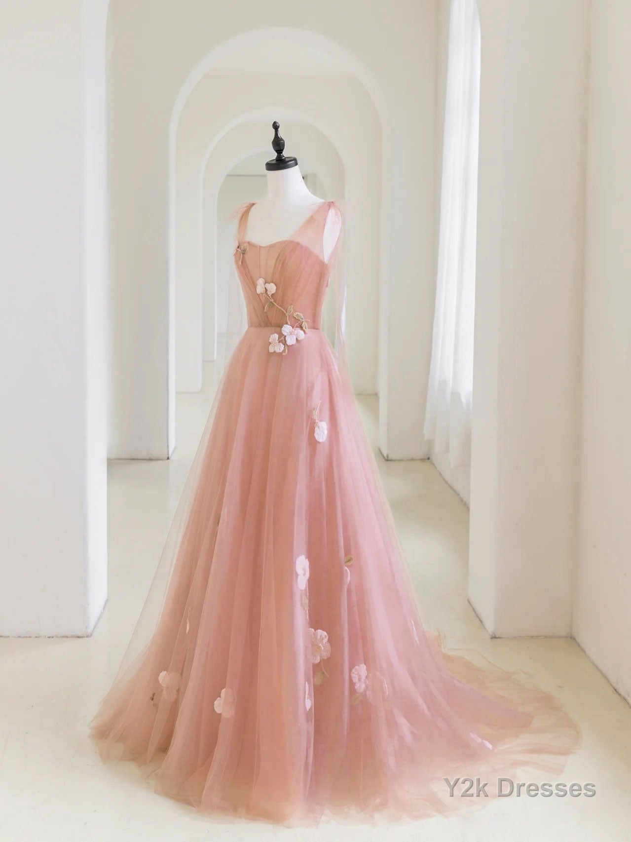 Simple v neck pink tulle long prom dress, pink evening dress