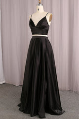 Simple V Neck Two Pieces Black Prom Dresses, 2 Pieces Black Long Formal Dresses, Black Evening Dresses