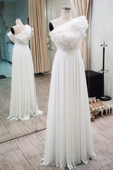 Simple white chiffon long prom dress, white evening dress