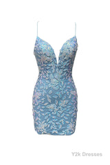 Cute Bodycon V Neck Blue Lace Homecoming Dresses