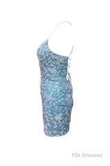 Cute Bodycon V Neck Blue Lace Homecoming Dresses