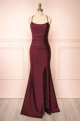 Burgundy Prom Dresses, Sheath/Column Scoop Neck Silk-like Satin Floor-length Ruffles Bridesmaid Dresses