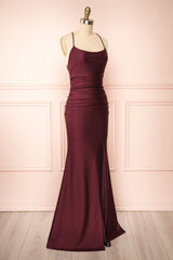 Burgundy Prom Dresses, Sheath/Column Scoop Neck Silk-like Satin Floor-length Ruffles Bridesmaid Dresses