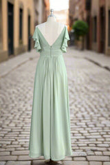 Spaghetti Strap Ruffles V-neck Chiffon Dusty Sage Green Bridesmaid Dresses