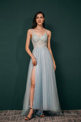 Spaghetti Straps Beading Front Split Long Sky Blue Prom Dresses