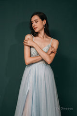 Spaghetti Straps Beading Front Split Long Sky Blue Prom Dresses