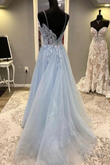 Spaghetti Straps Light Blue Lace Prom Dresses, Light Blue Lace Formal Evening Dresses