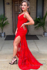 Spaghetti Straps Red Long Prom Dress with Appliques