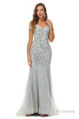 Sparkle Silver Mermaid Beaded Cap Sleeves Off-The-Shoulder Prom Dresses