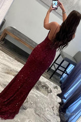 Sparkly Dark Red Sequins Long Prom Dress with Slit Formal Evening Dresses