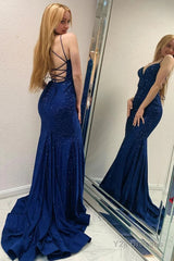 Sparkly Navy Beaded Mermaid Backless Long Prom Dress