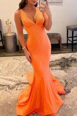 Sparkly Orange Beaded Mermaid Long Prom Dress