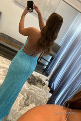 Sparkly Sky Blue Sequins Lace-Up Long Prom Dress with Slit