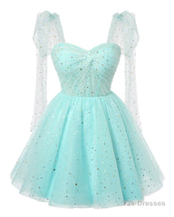 Sparkly Starry Mint Green Tulle Short Homecoming Dresses Spaghetti Bow Straps Prom Dress Sequin Cocktail Party Dress for Teens