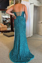 Sparkly Turquoise Mermaid Sequins Long Prom Dress with Fringes