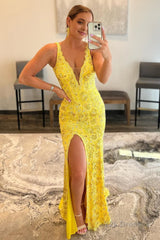 Sparkly Yellow Mermaid Lace Long Prom Dress with Beading