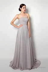 Strapless A Line Chiffon Long Silver Bridesmaid Dresses