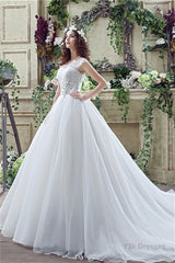 Strapless Appliques Lace Train Wedding Dresses With Crystals