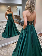 Strapless Backless Emerald Green Long Prom with Pocket, Backless Emerald Green Formal Graduation Evening