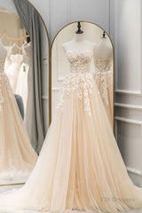 Strapless Champagne Lace Tulle Long Prom Dress, Champagne Lace Formal Evening Dress