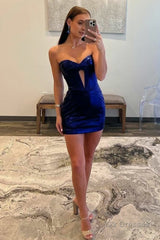 Strapless Metallic Royal Blue Keyhole Ruched Tight Homecoming Dress