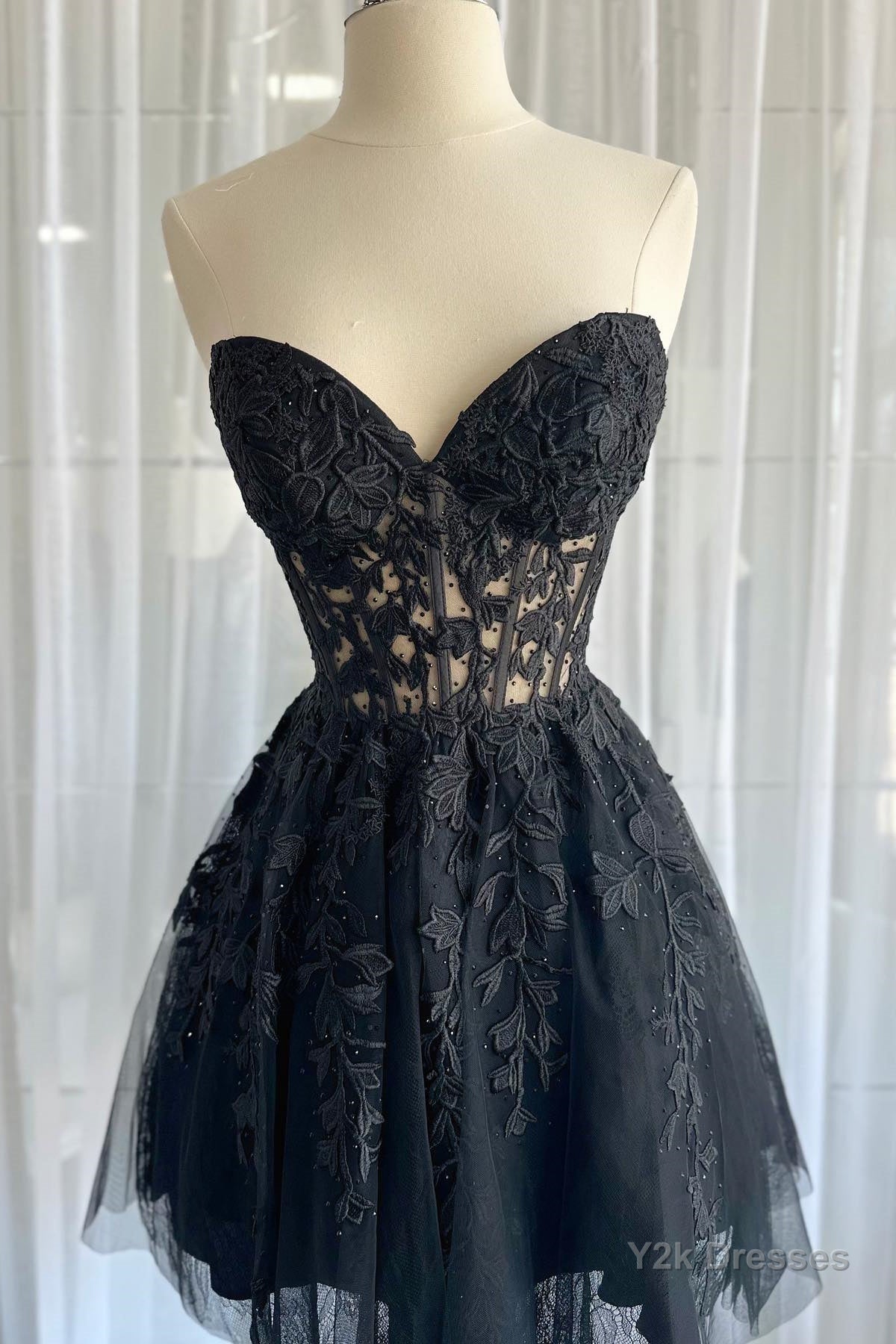 Strapless Short Black Lace Prom Dresses, Short Black Lace Formal Homecoming Dresses