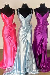 Straps V-Neck Satin Mermaid Prom Dress with Bow