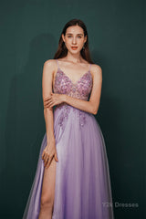 Stunning Front Split Spaghetti Straps Long A Line Beaded Prom Dresses