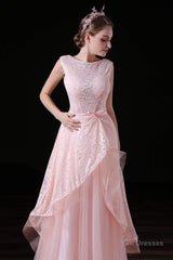 Sweet Tulle & Lace Bateau Neckline Floor-length A-line Prom Dresses With Belt