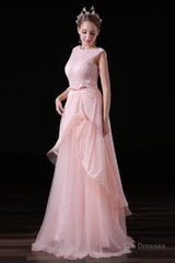 Sweet Tulle & Lace Bateau Neckline Floor-length A-line Prom Dresses With Belt