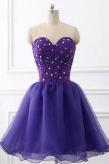 Sweetheart Neck Beaded Dark Purple Short Prom Dress, Strapless Dark Purple Homecoming Dress, Dark Purple Beaded Formal Evening Dress