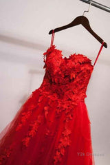 Sweetheart Neck Red Lace Floral Long Prom Dresses, Red Lace Formal Evening Dresses, Red Ball Gown