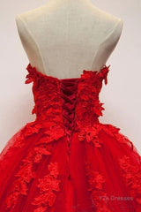 Sweetheart Neck Red Lace Floral Long Prom Dresses, Red Lace Formal Evening Dresses, Red Ball Gown