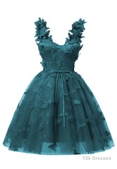 Teal 3D Butterfly Lace Applique Tulle Homecoming Dress for Teens Sweetheart Mini Short Prom Dresses